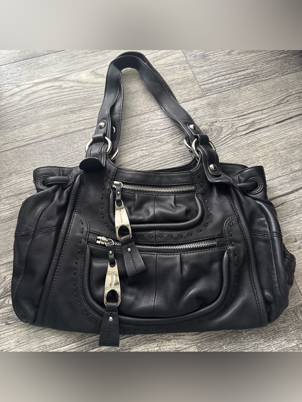 b. makowsky Black Leather Double-Zip Shoulder Bag